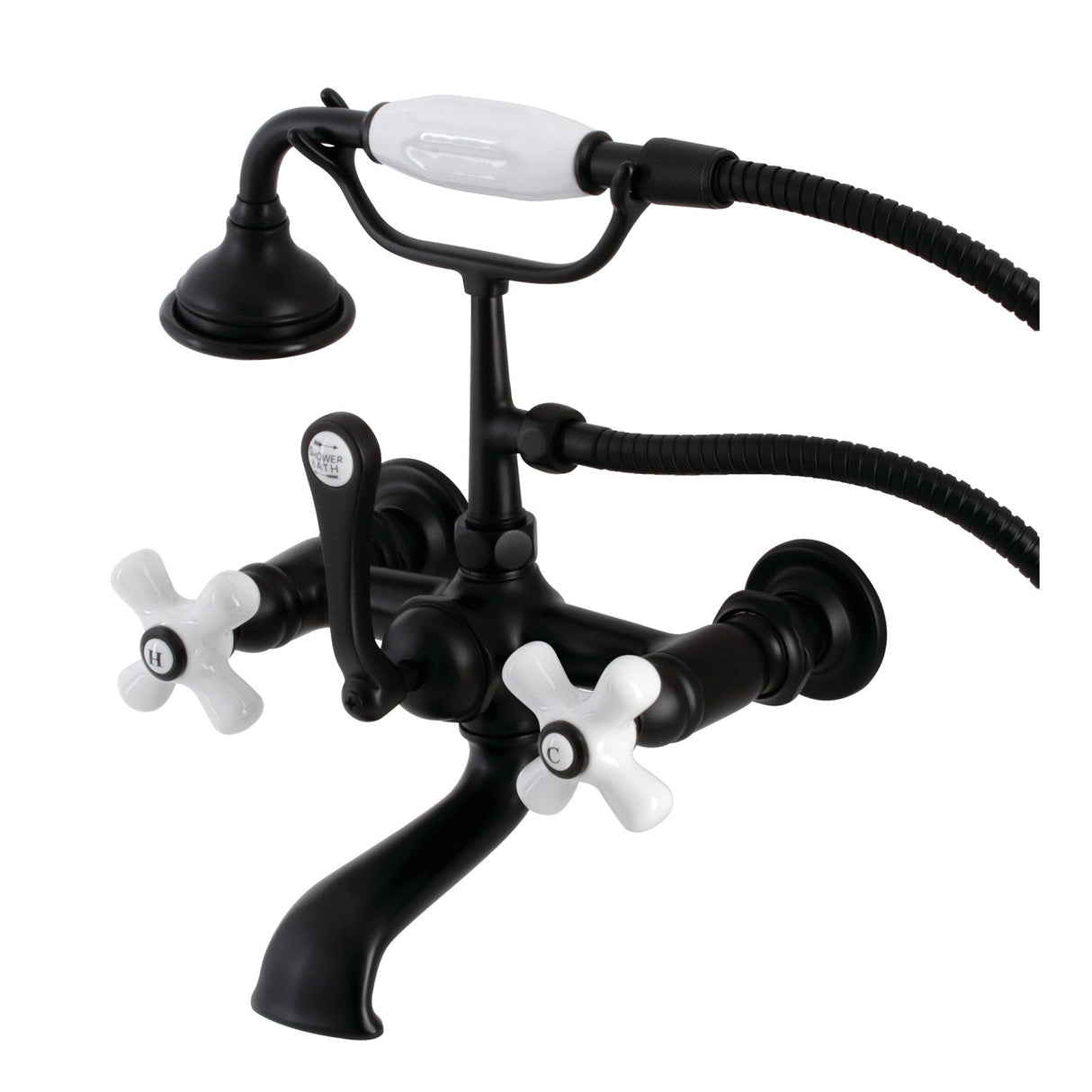 Aqua Vintage AE559T0 Three-Handle 2-Hole Tub Wall Mount Clawfoot Tub Faucet with Hand Shower, Matte Black