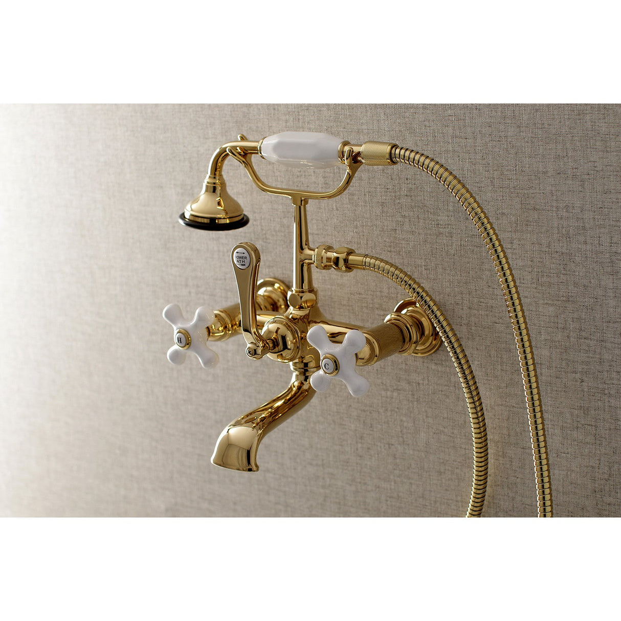 Aqua Vintage AE559T2 Three-Handle 2-Hole Tub Wall Mount Clawfoot Tub Faucet with Hand Shower, Polished Brass