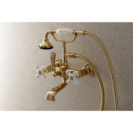 Aqua Vintage AE559T2 Three-Handle 2-Hole Tub Wall Mount Clawfoot Tub Faucet with Hand Shower, Polished Brass