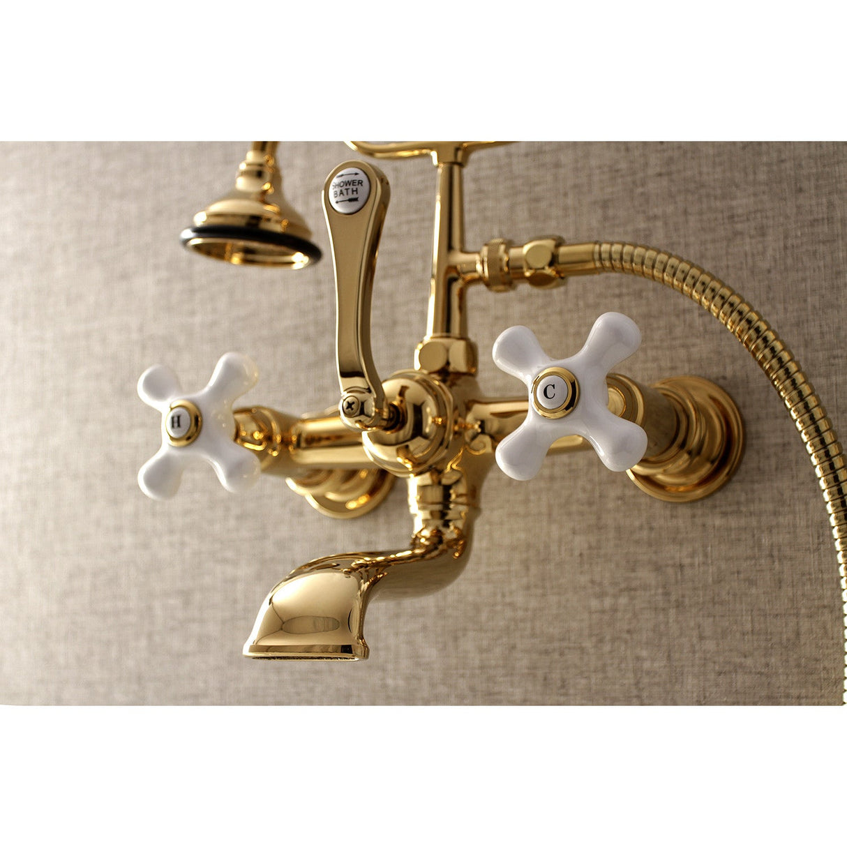 Aqua Vintage AE559T2 Three-Handle 2-Hole Tub Wall Mount Clawfoot Tub Faucet with Hand Shower, Polished Brass