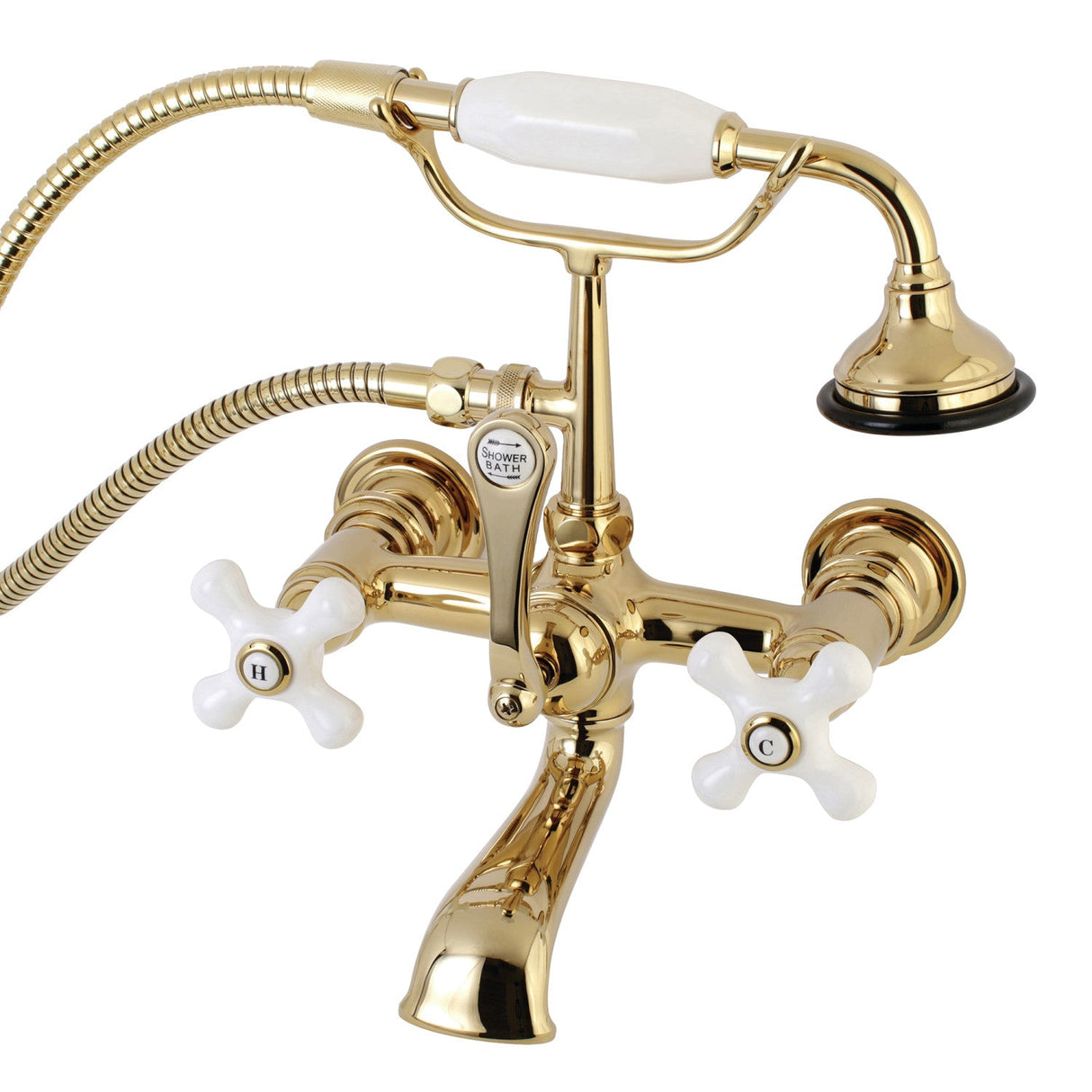 Aqua Vintage AE559T2 Three-Handle 2-Hole Tub Wall Mount Clawfoot Tub Faucet with Hand Shower, Polished Brass