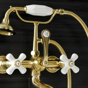 Aqua Vintage AE559T7 Three-Handle 2-Hole Tub Wall Mount Clawfoot Tub Faucet with Hand Shower, Brushed Brass