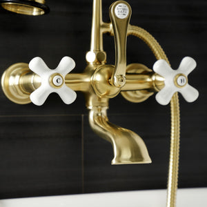Aqua Vintage AE559T7 Three-Handle 2-Hole Tub Wall Mount Clawfoot Tub Faucet with Hand Shower, Brushed Brass