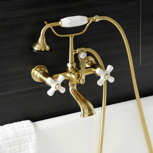 Aqua Vintage AE559T7 Three-Handle 2-Hole Tub Wall Mount Clawfoot Tub Faucet with Hand Shower, Brushed Brass