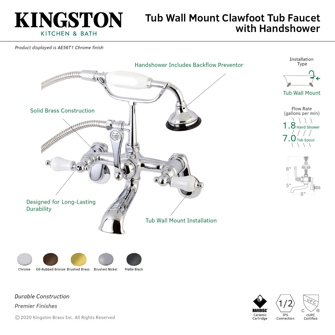 Aqua Vintage AE55T5 Three-Handle 2-Hole Tub Wall Mount Clawfoot Tub Faucet with Hand Shower, Oil Rubbed Bronze