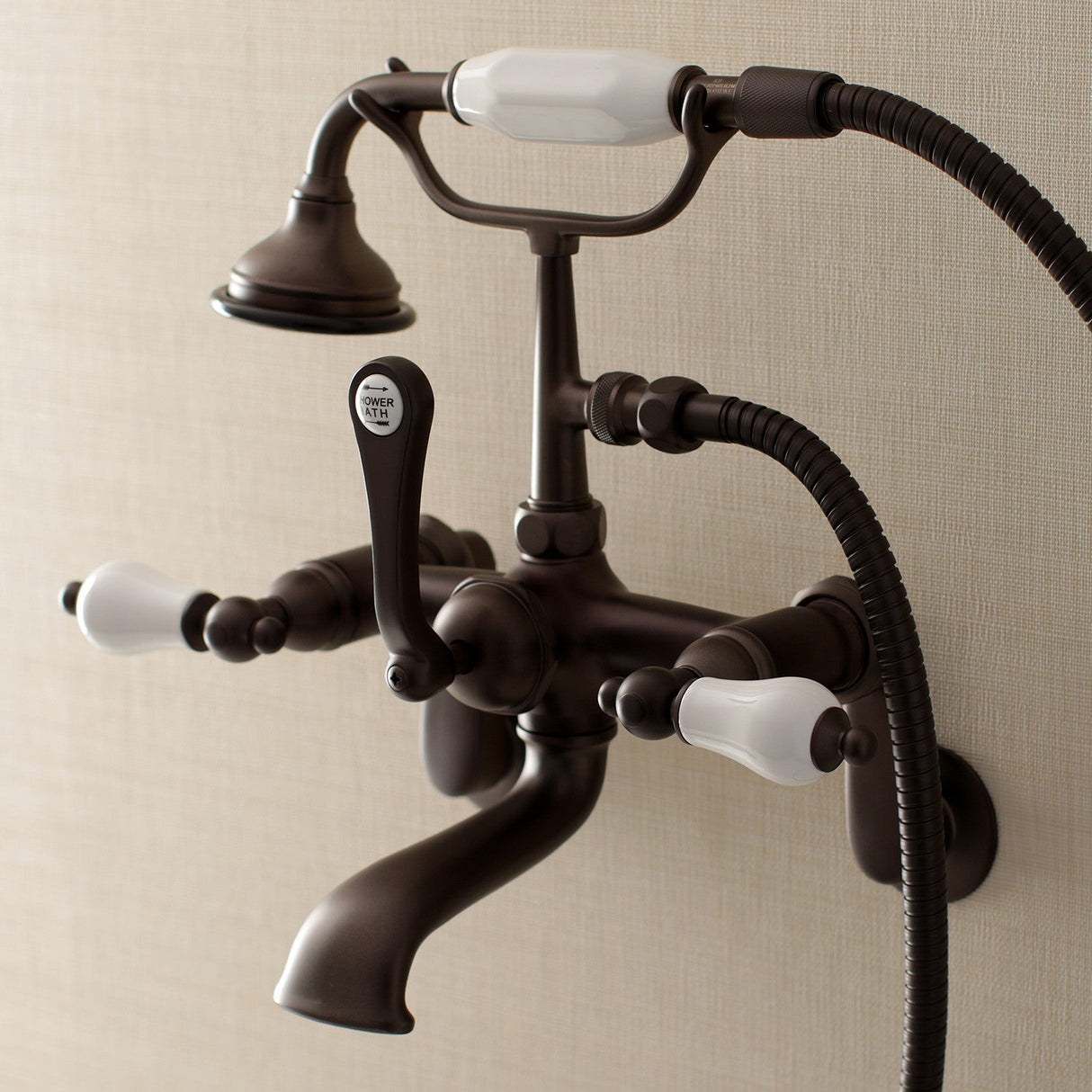 Aqua Vintage AE55T5 Three-Handle 2-Hole Tub Wall Mount Clawfoot Tub Faucet with Hand Shower, Oil Rubbed Bronze