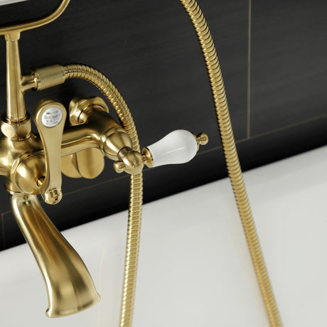 Aqua Vintage AE55T7 Three-Handle 2-Hole Tub Wall Mount Clawfoot Tub Faucet with Hand Shower, Brushed Brass