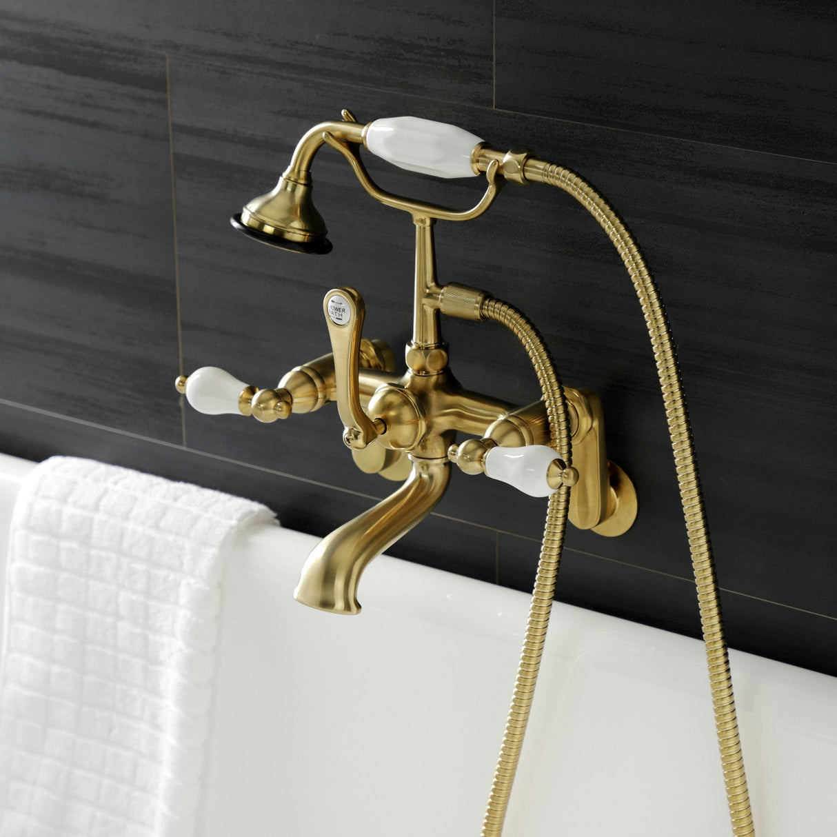 Aqua Vintage AE55T7 Three-Handle 2-Hole Tub Wall Mount Clawfoot Tub Faucet with Hand Shower, Brushed Brass