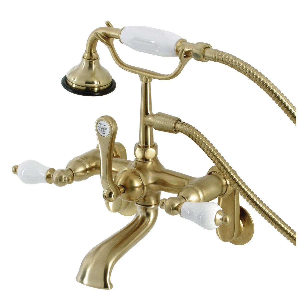 Aqua Vintage AE55T7 Three-Handle 2-Hole Tub Wall Mount Clawfoot Tub Faucet with Hand Shower, Brushed Brass