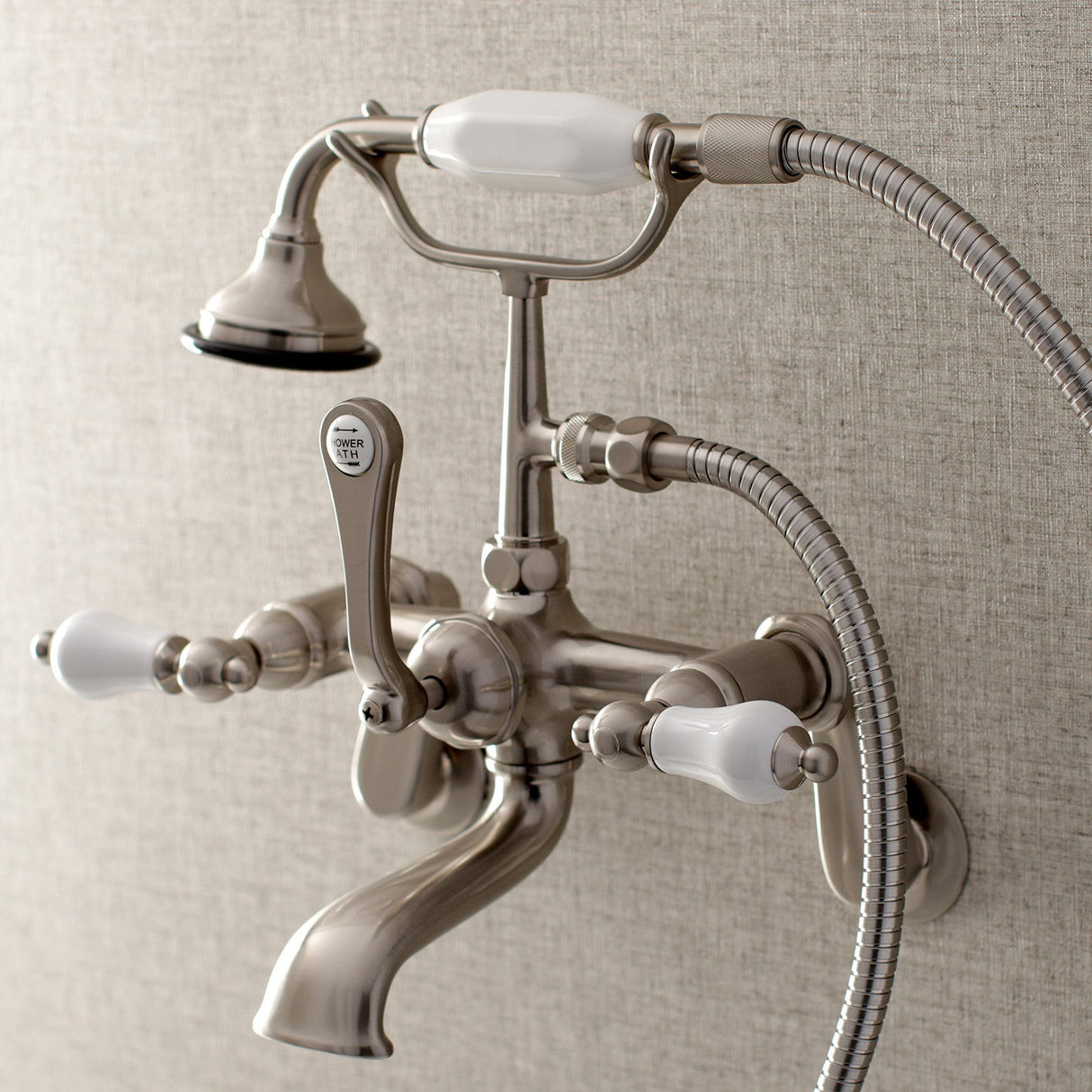 Aqua Vintage AE55T8 Three-Handle 2-Hole Tub Wall Mount Clawfoot Tub Faucet with Hand Shower, Brushed Nickel
