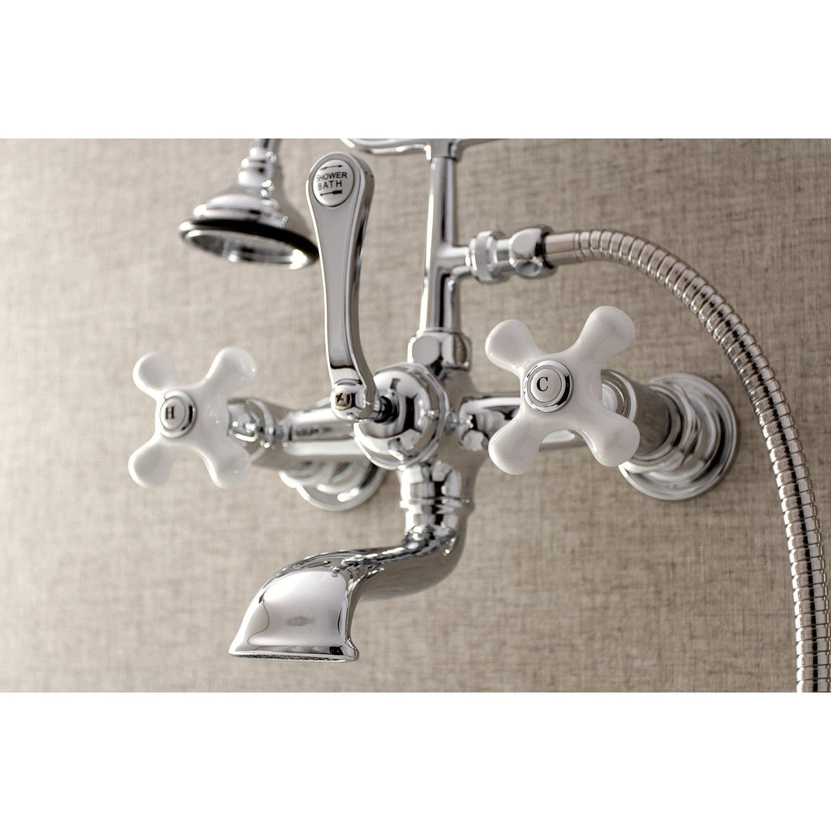 Aqua Vintage AE560T1 Three-Handle 2-Hole Tub Wall Mount Clawfoot Tub Faucet with Hand Shower, Polished Chrome