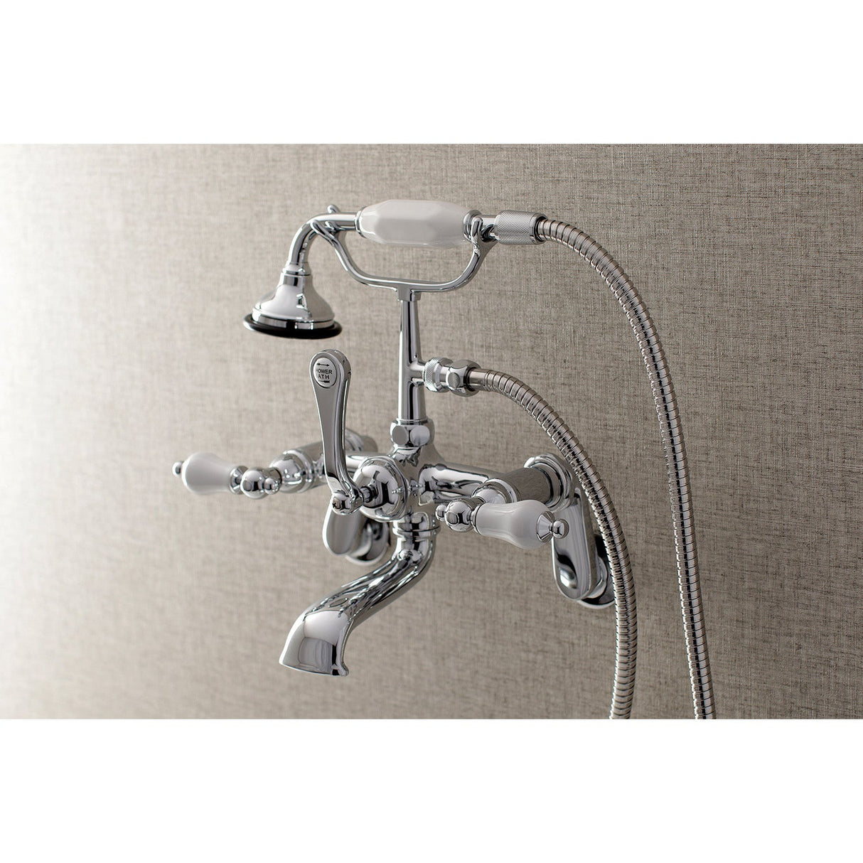 Aqua Vintage AE56T1 Three-Handle 2-Hole Tub Wall Mount Clawfoot Tub Faucet with Hand Shower, Polished Chrome