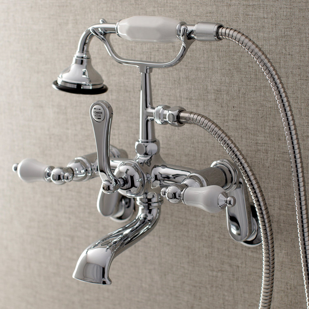 Aqua Vintage AE56T1 Three-Handle 2-Hole Tub Wall Mount Clawfoot Tub Faucet with Hand Shower, Polished Chrome