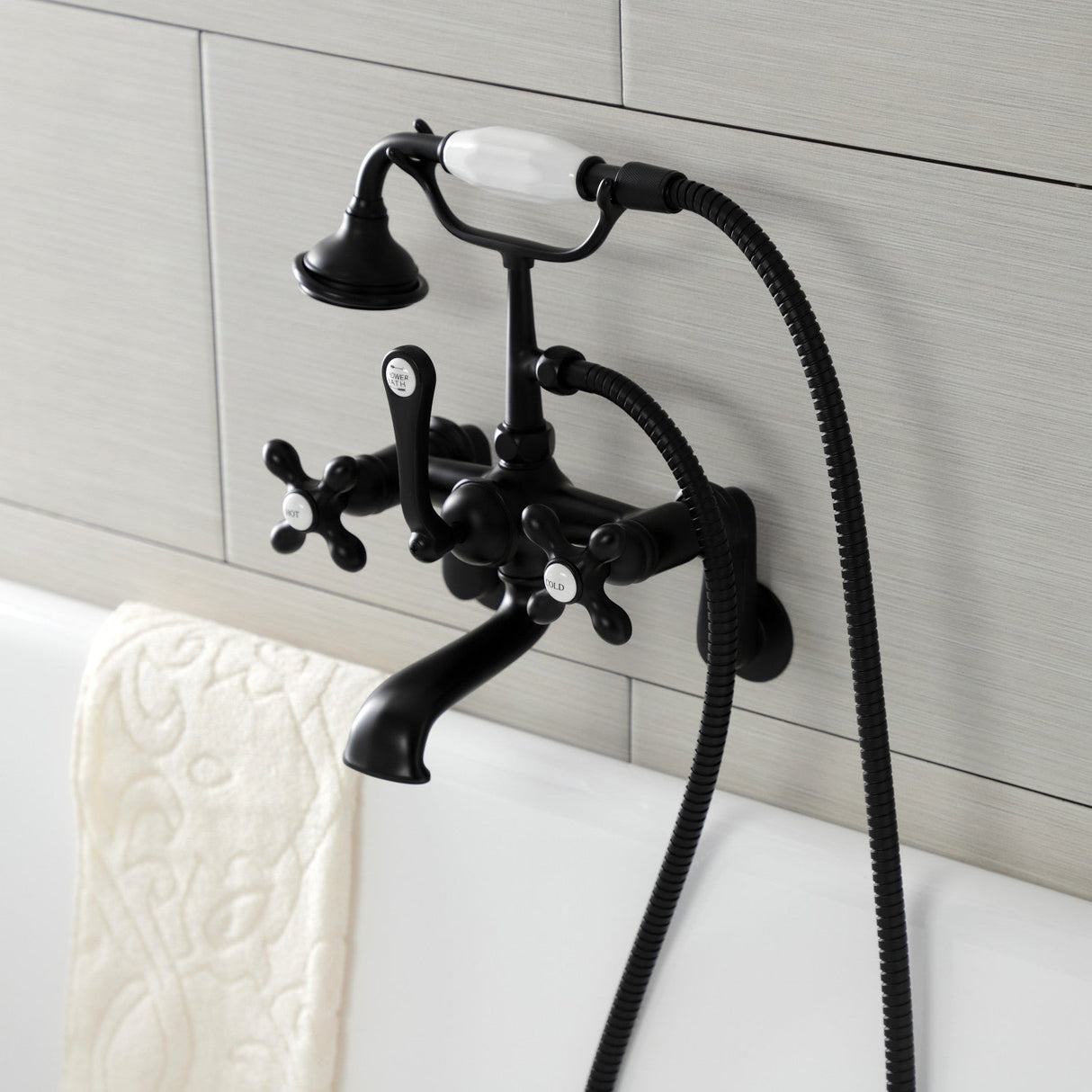 Aqua Vintage AE57T0 Three-Handle 2-Hole Tub Wall Mount Clawfoot Tub Faucet with Hand Shower, Matte Black
