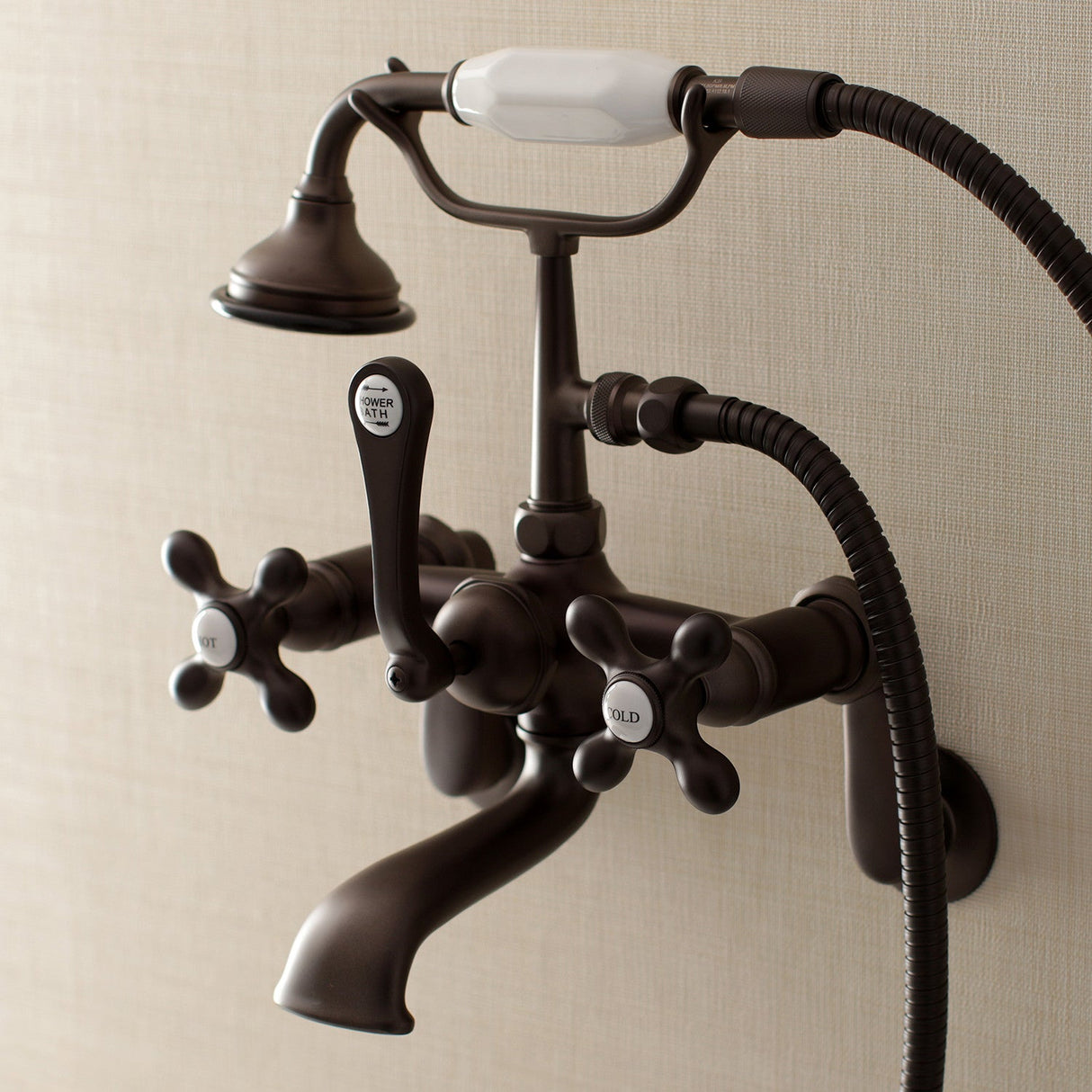 Aqua Vintage AE57T5 Three-Handle 2-Hole Tub Wall Mount Clawfoot Tub Faucet with Hand Shower, Oil Rubbed Bronze