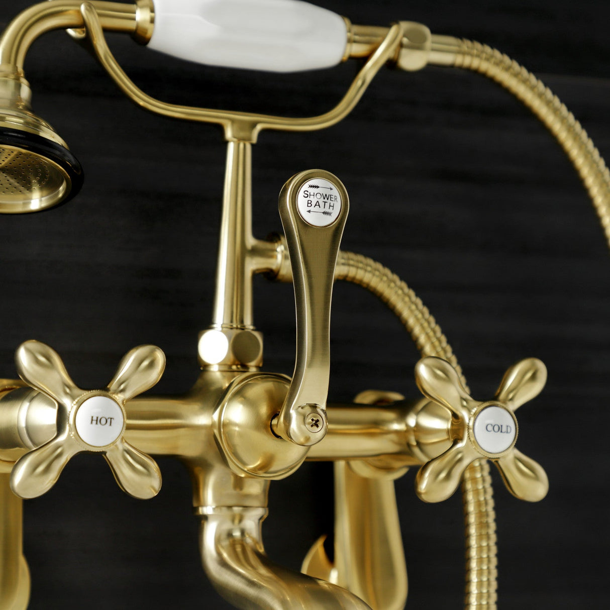 Aqua Vintage AE57T7 Three-Handle 2-Hole Tub Wall Mount Clawfoot Tub Faucet with Hand Shower, Brushed Brass