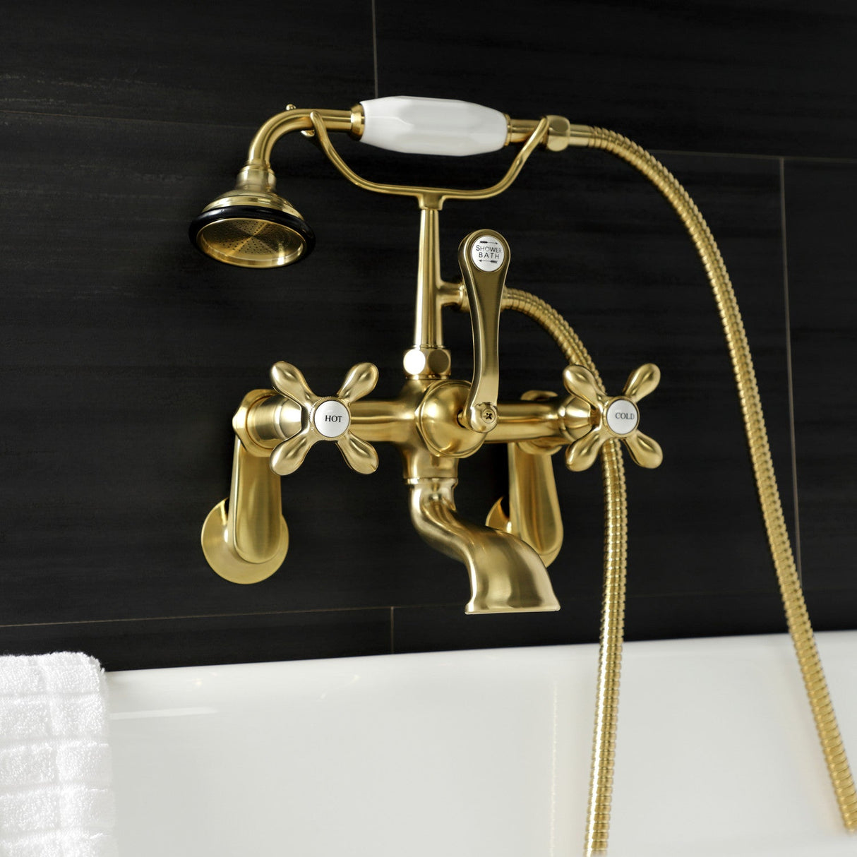 Aqua Vintage AE57T7 Three-Handle 2-Hole Tub Wall Mount Clawfoot Tub Faucet with Hand Shower, Brushed Brass