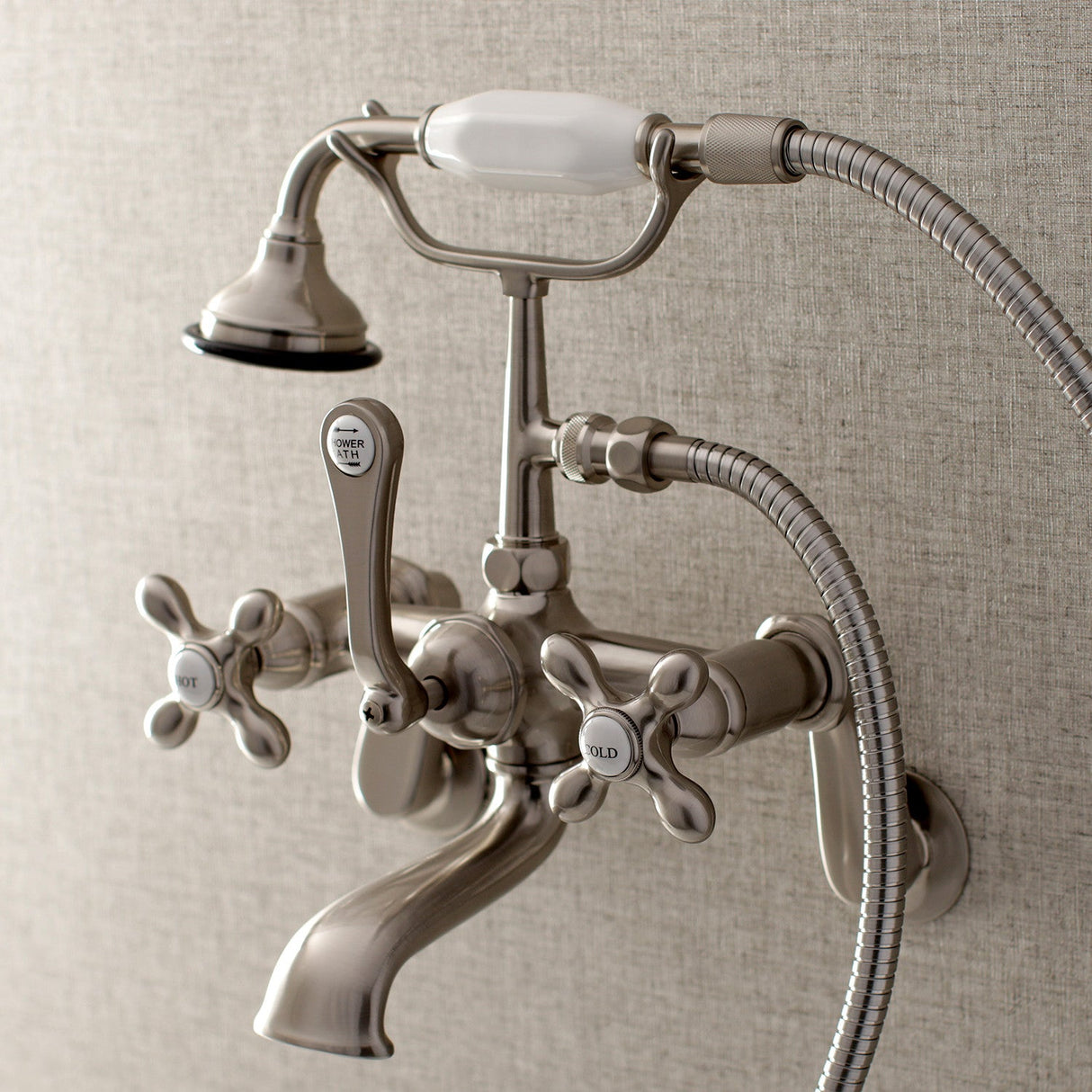 Aqua Vintage AE57T8 Three-Handle 2-Hole Tub Wall Mount Clawfoot Tub Faucet with Hand Shower, Brushed Nickel