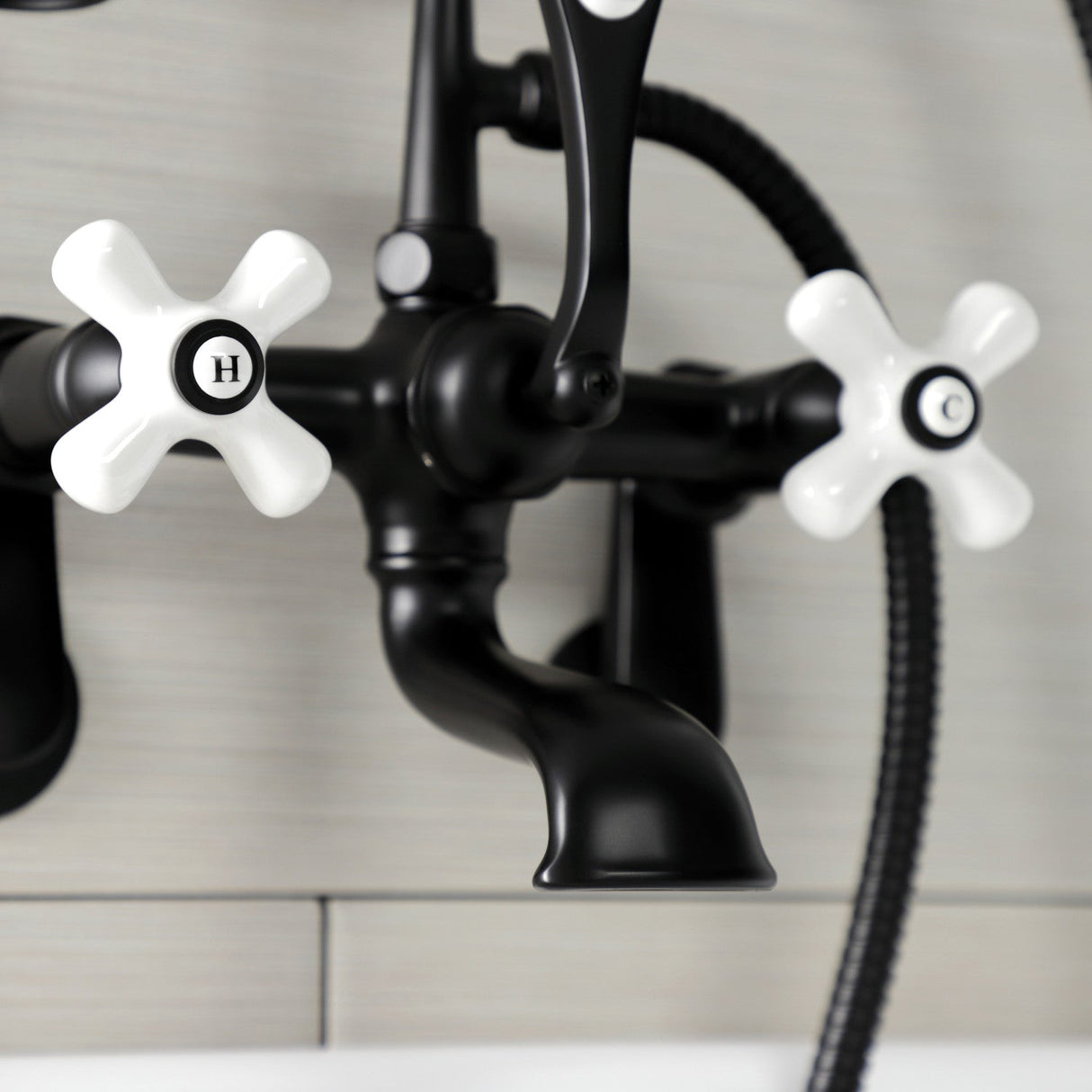 Aqua Vintage AE59T0 Three-Handle 2-Hole Tub Wall Mount Clawfoot Tub Faucet with Hand Shower, Matte Black