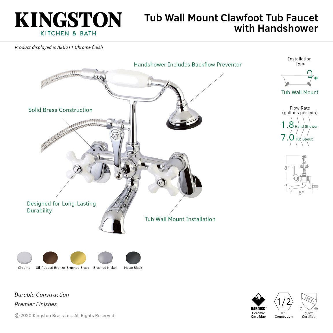 Aqua Vintage AE59T5 Three-Handle 2-Hole Tub Wall Mount Clawfoot Tub Faucet with Hand Shower, Oil Rubbed Bronze