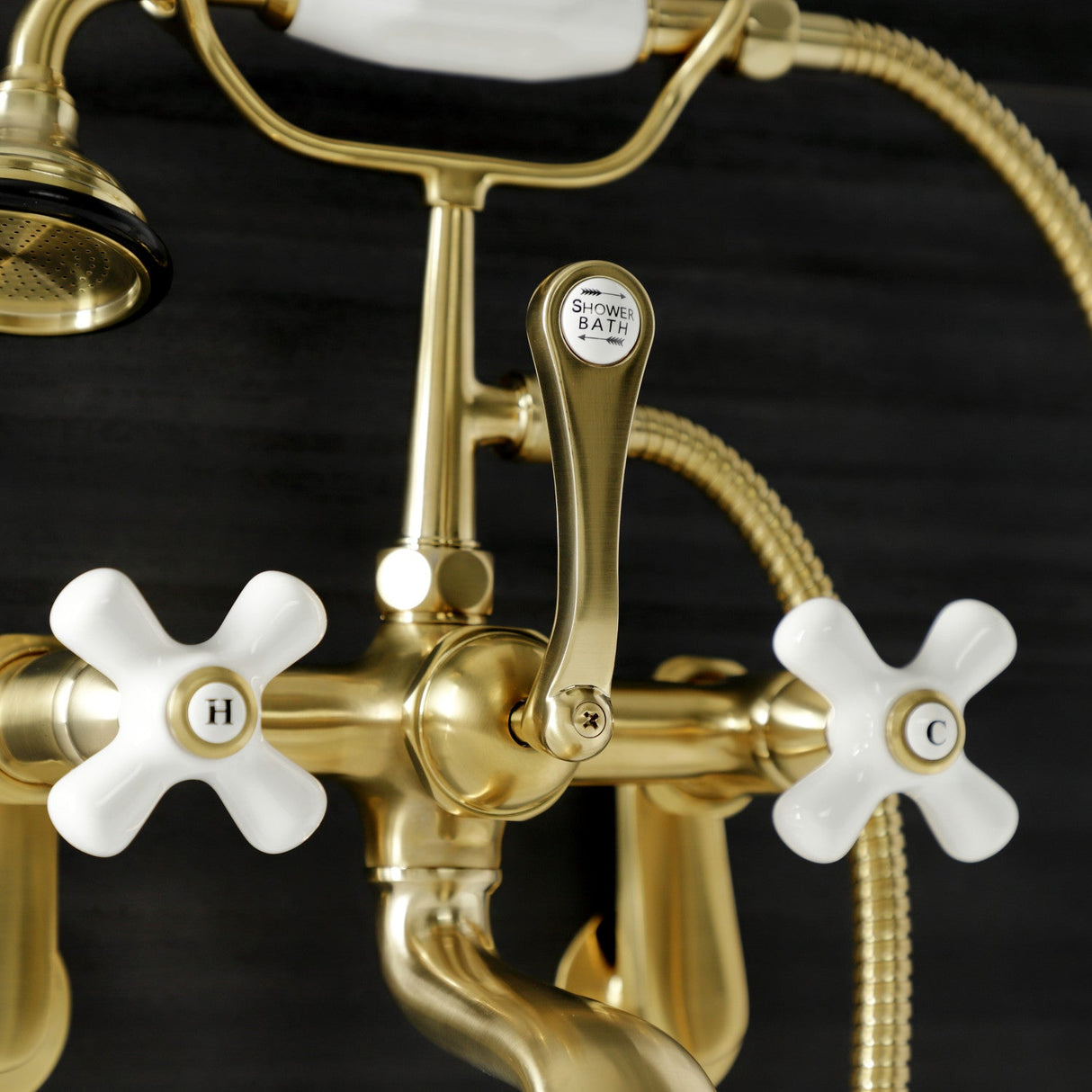 Aqua Vintage AE59T7 Three-Handle 2-Hole Tub Wall Mount Clawfoot Tub Faucet with Hand Shower, Brushed Brass