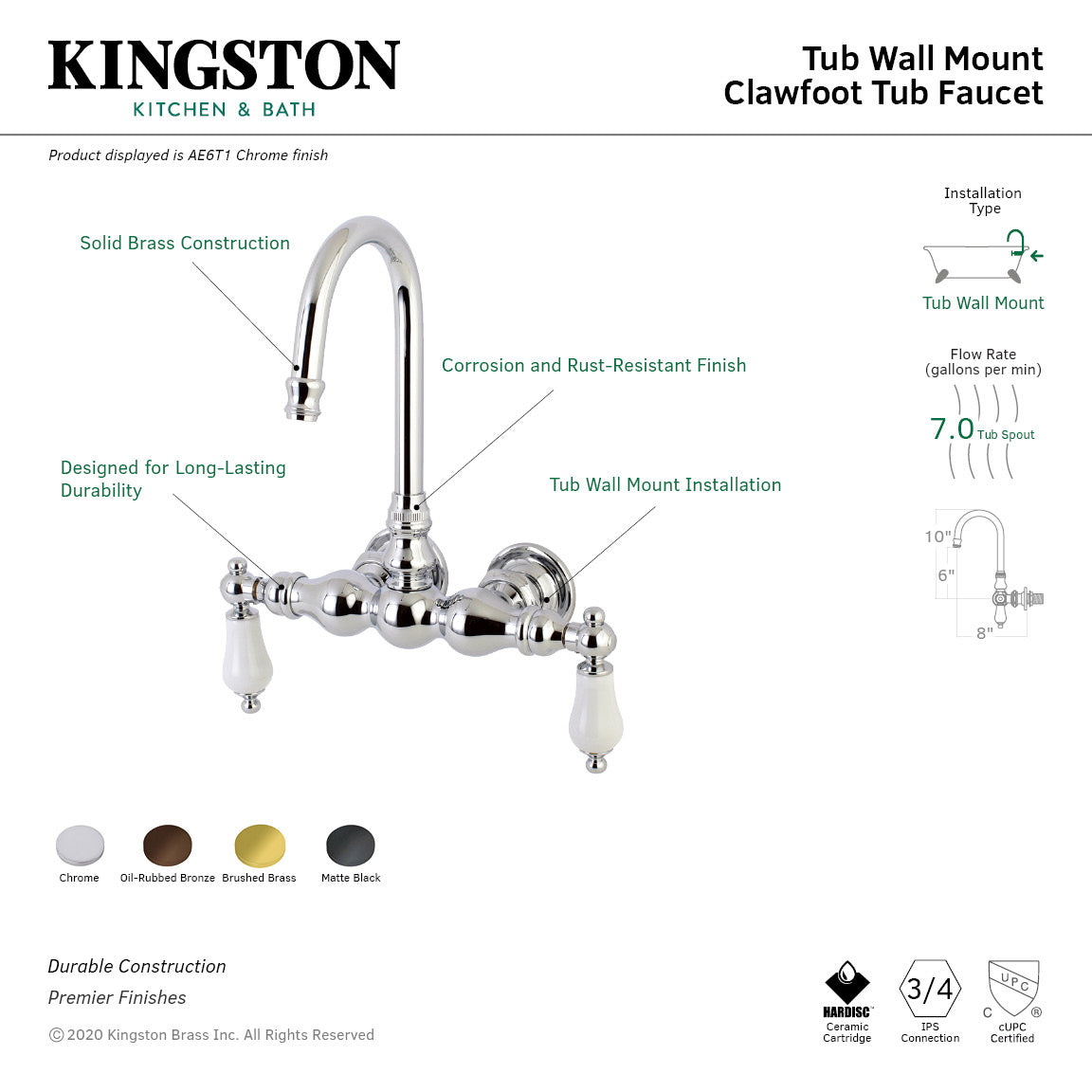 Aqua Vintage AE5T0 Two-Handle 2-Hole Tub Wall Mount Clawfoot Tub Faucet, Matte Black