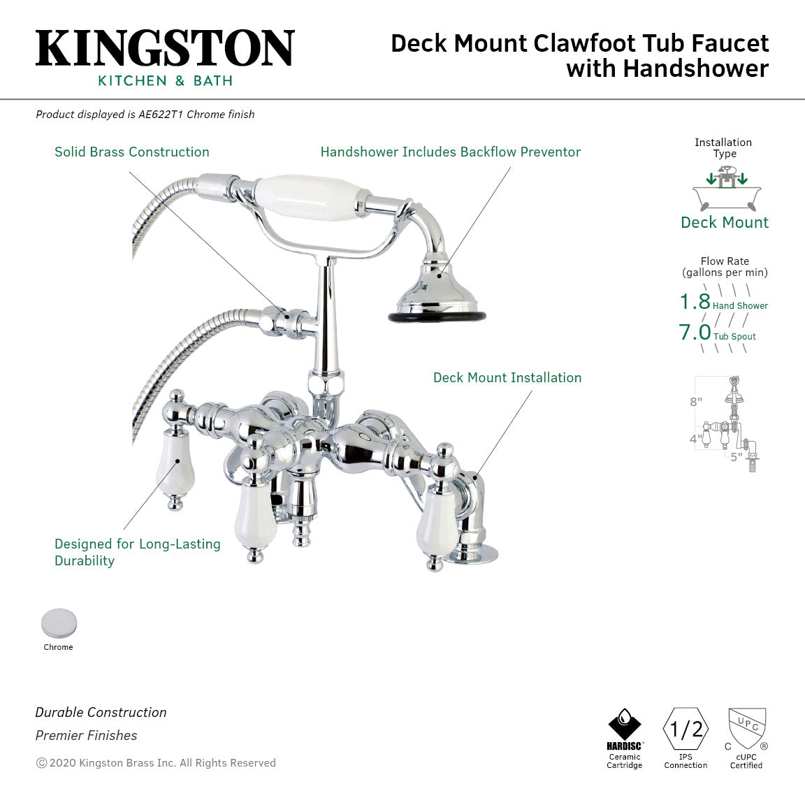 Vintage AE622T1 Three-Handle 2-Hole Deck Mount Clawfoot Tub Faucet with Hand Shower, Polished Chrome