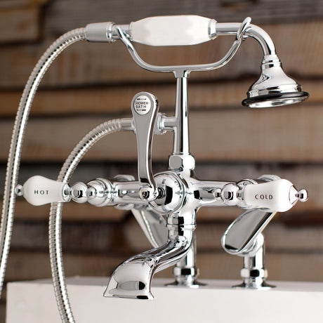 Vintage AE654T1 Three-Handle 2-Hole Deck Mount Clawfoot Tub Faucet with Hand Shower, Polished Chrome