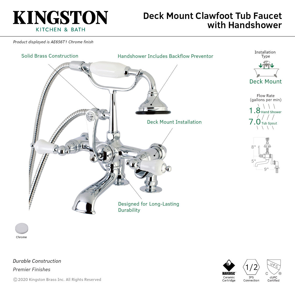 Vintage AE656T1 Three-Handle 2-Hole Deck Mount Clawfoot Tub Faucet with Hand Shower, Polished Chrome