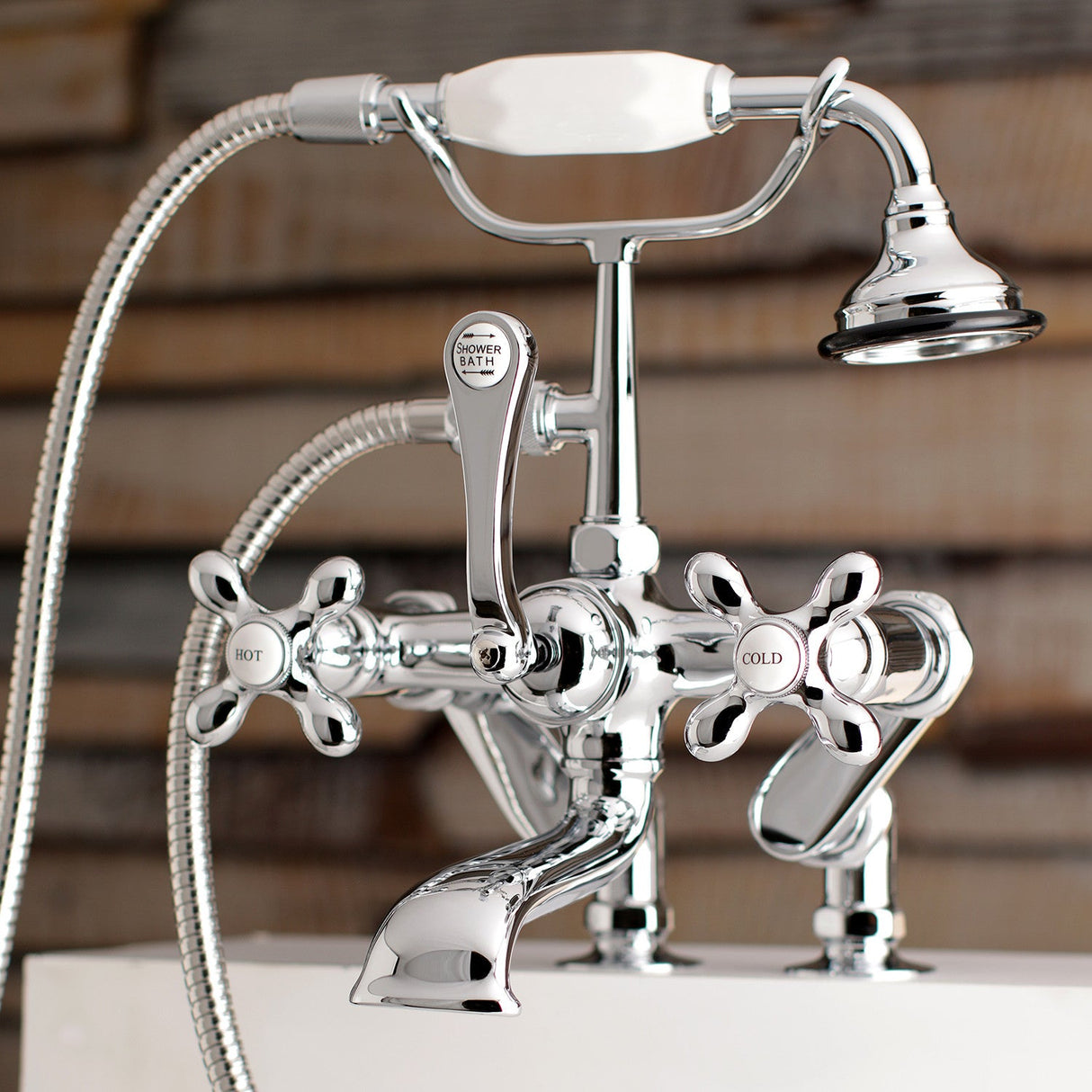 Vintage AE658T1 Three-Handle 2-Hole Deck Mount Clawfoot Tub Faucet with Hand Shower, Polished Chrome