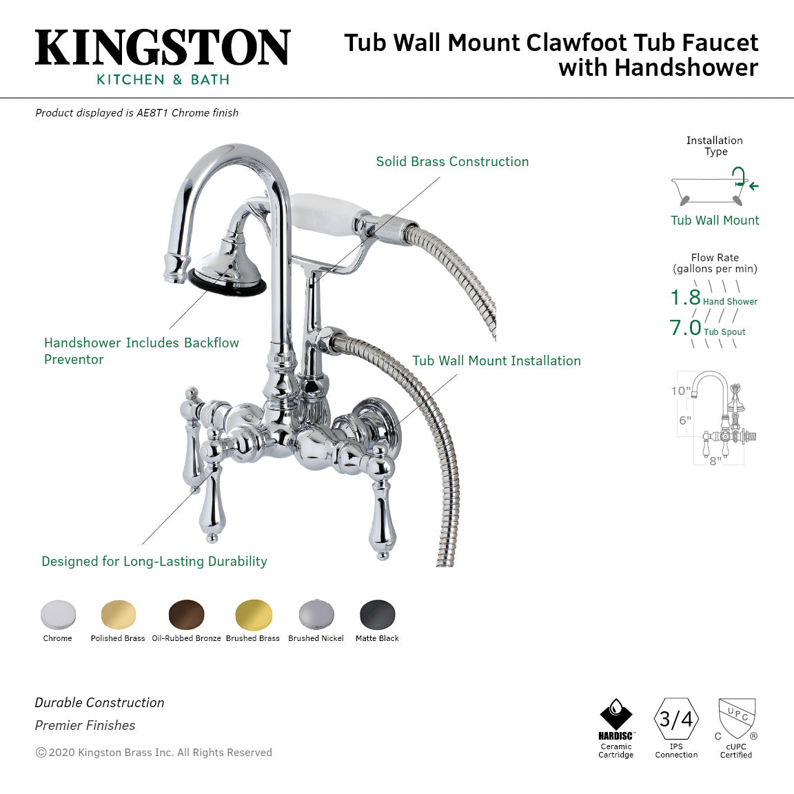 Aqua Vintage AE7T0 Three-Handle 2-Hole Tub Wall Mount Clawfoot Tub Faucet with Hand Shower, Matte Black
