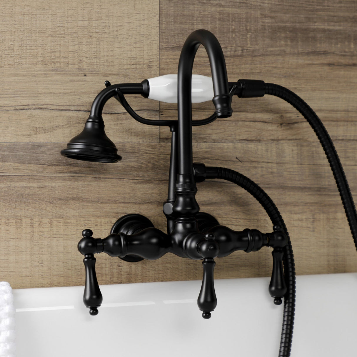 Aqua Vintage AE7T0 Three-Handle 2-Hole Tub Wall Mount Clawfoot Tub Faucet with Hand Shower, Matte Black