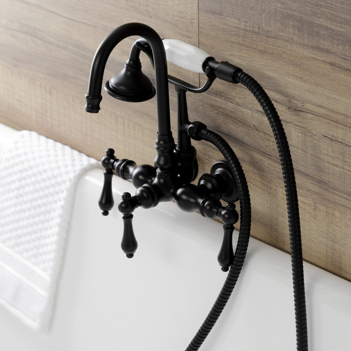 Aqua Vintage AE7T0 Three-Handle 2-Hole Tub Wall Mount Clawfoot Tub Faucet with Hand Shower, Matte Black