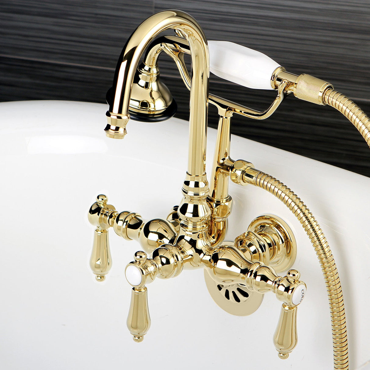 Heirloom AE7T2BAL Three-Handle 2-Hole Tub Wall Mount Clawfoot Tub Faucet with Hand Shower, Polished Brass