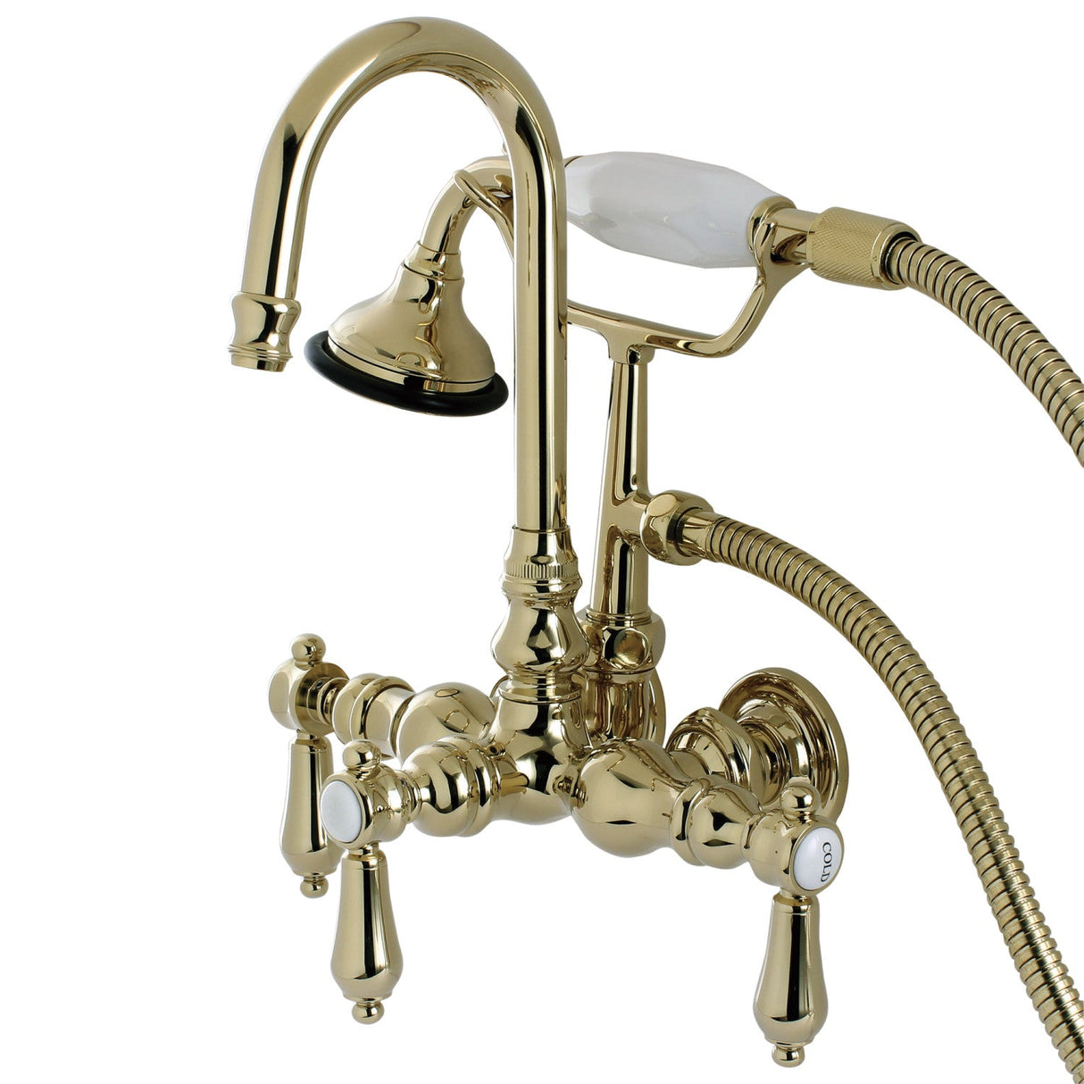 Heirloom AE7T2BAL Three-Handle 2-Hole Tub Wall Mount Clawfoot Tub Faucet with Hand Shower, Polished Brass