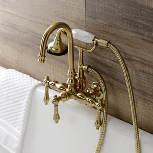 Aqua Vintage AE7T7 Three-Handle 2-Hole Tub Wall Mount Clawfoot Tub Faucet with Hand Shower, Brushed Brass