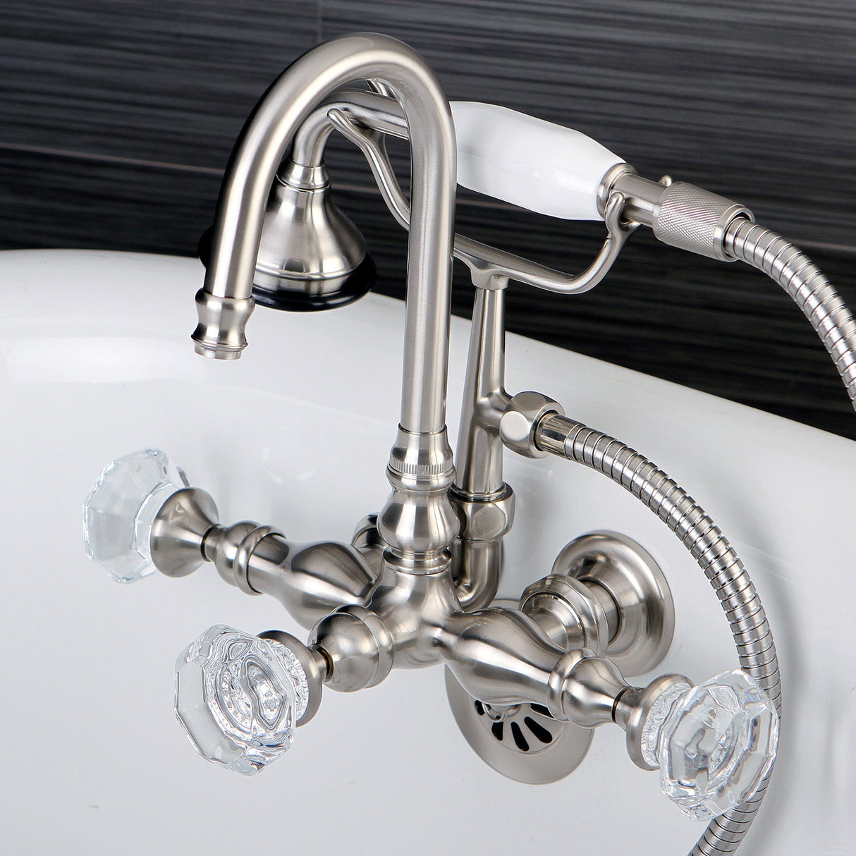 Celebrity AE7T8WCL Three-Handle 2-Hole Tub Wall Mount Clawfoot Tub Faucet with Hand Shower, Brushed Nickel