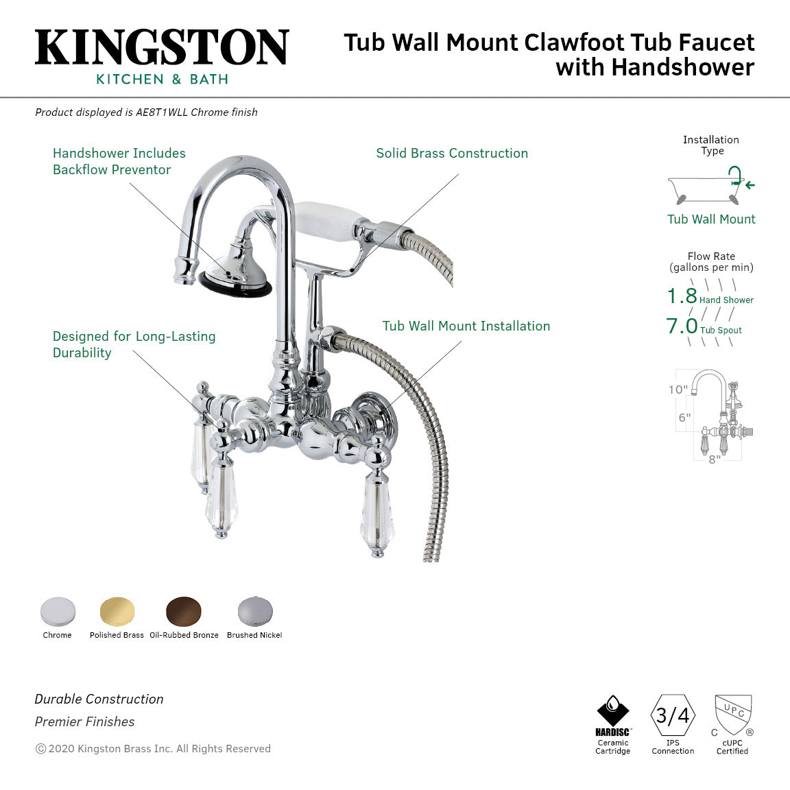 Wilshire AE7T8WLL Three-Handle 2-Hole Tub Wall Mount Clawfoot Tub Faucet with Hand Shower, Brushed Nickel