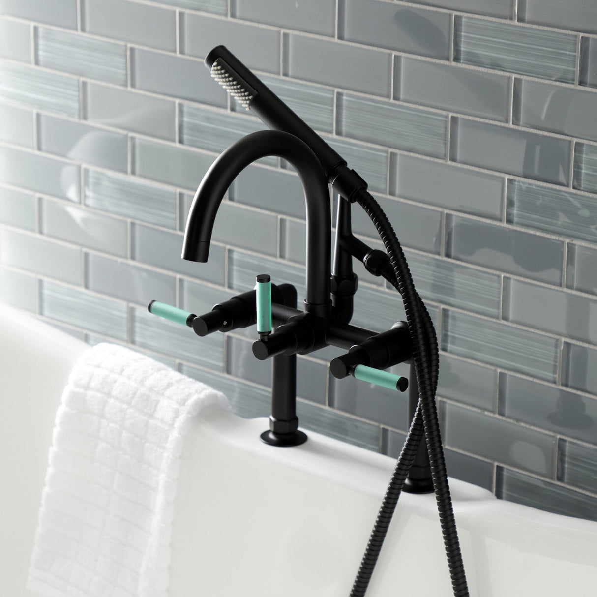 Kaiser AE8100DKL Three-Handle 2-Hole Deck Mount Clawfoot Tub Faucet with Hand Shower, Matte Black