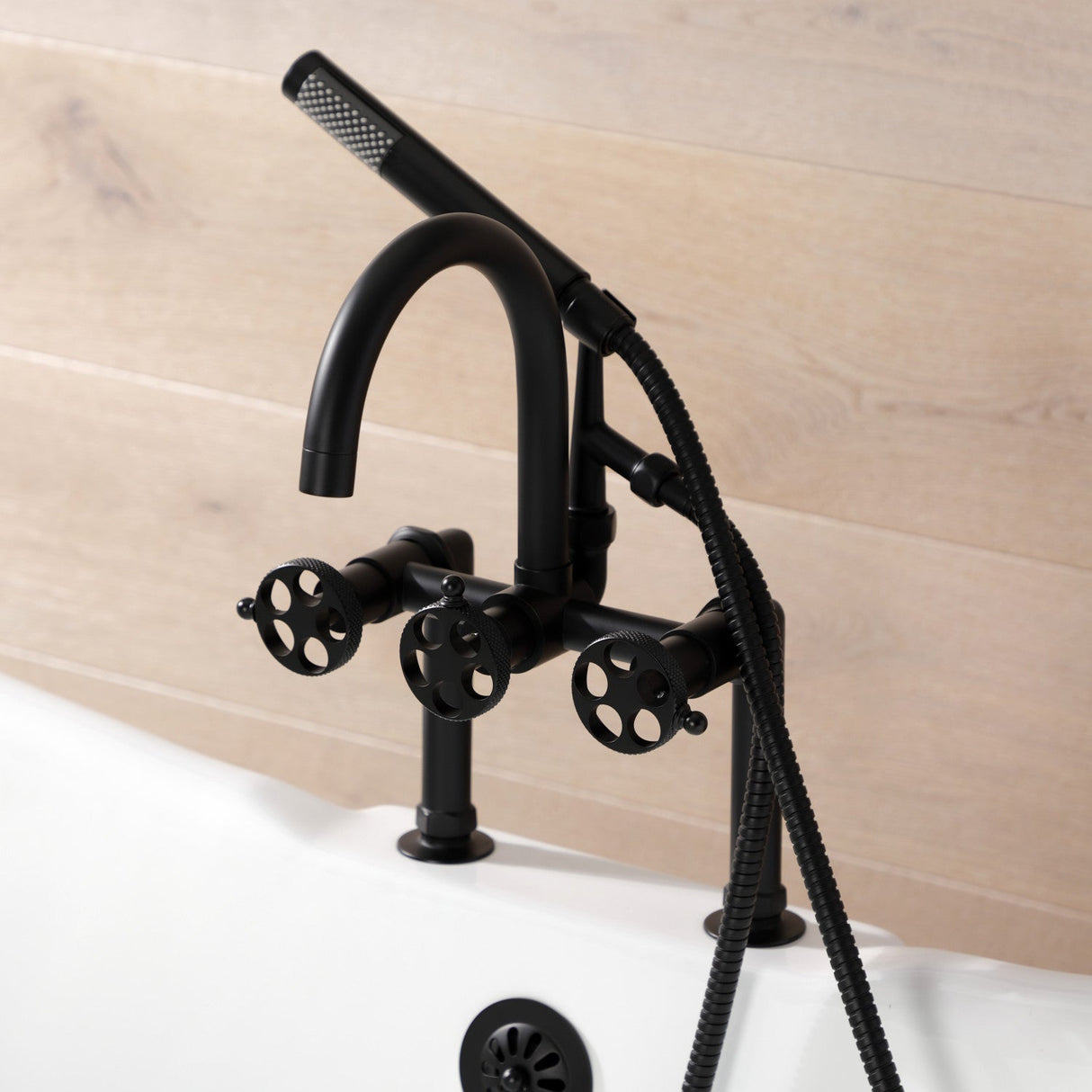 Webb AE8100RKX Three-Handle 2-Hole Deck Mount Clawfoot Tub Faucet with Knurled Handle and Hand Shower, Matte Black