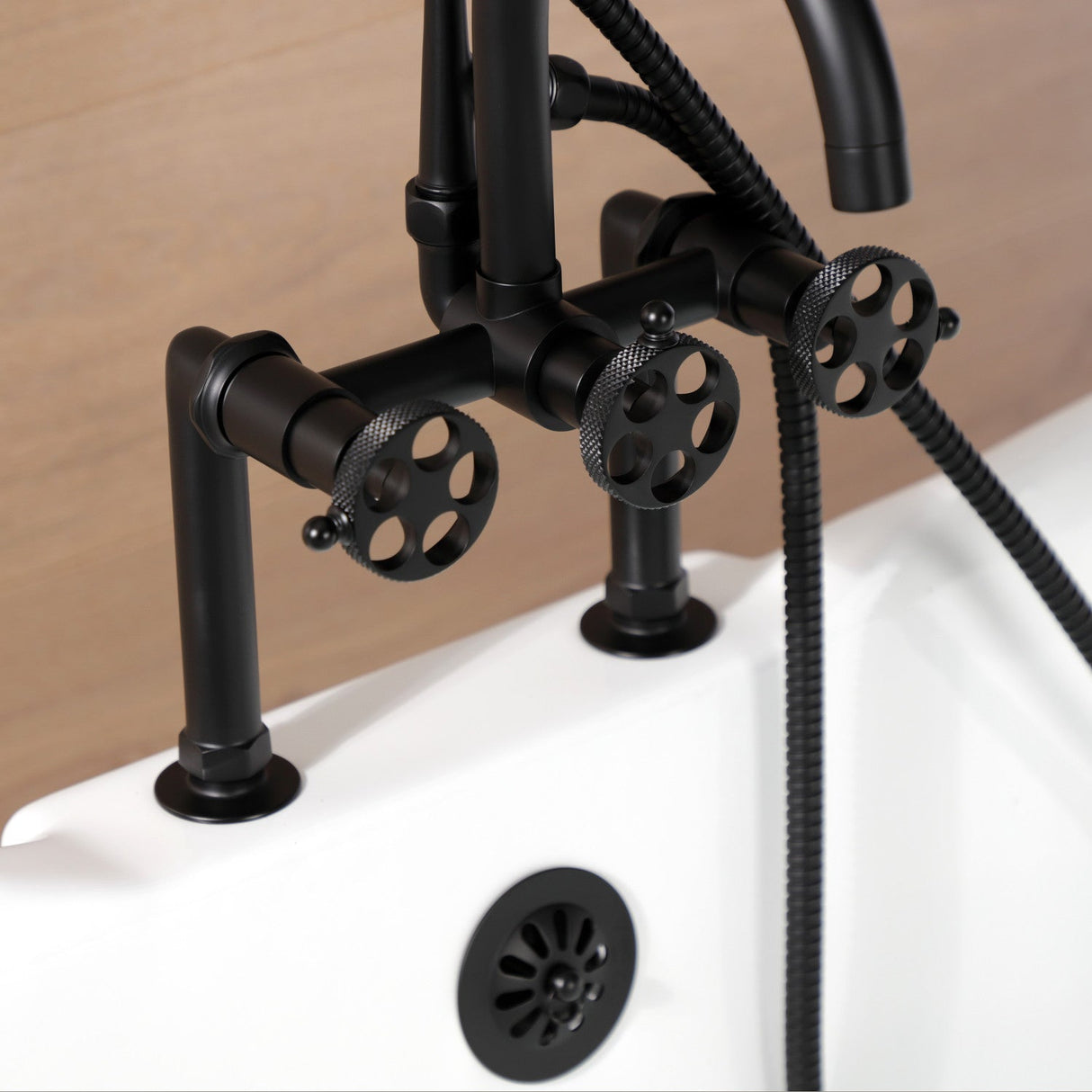 Webb AE8100RKX Three-Handle 2-Hole Deck Mount Clawfoot Tub Faucet with Knurled Handle and Hand Shower, Matte Black