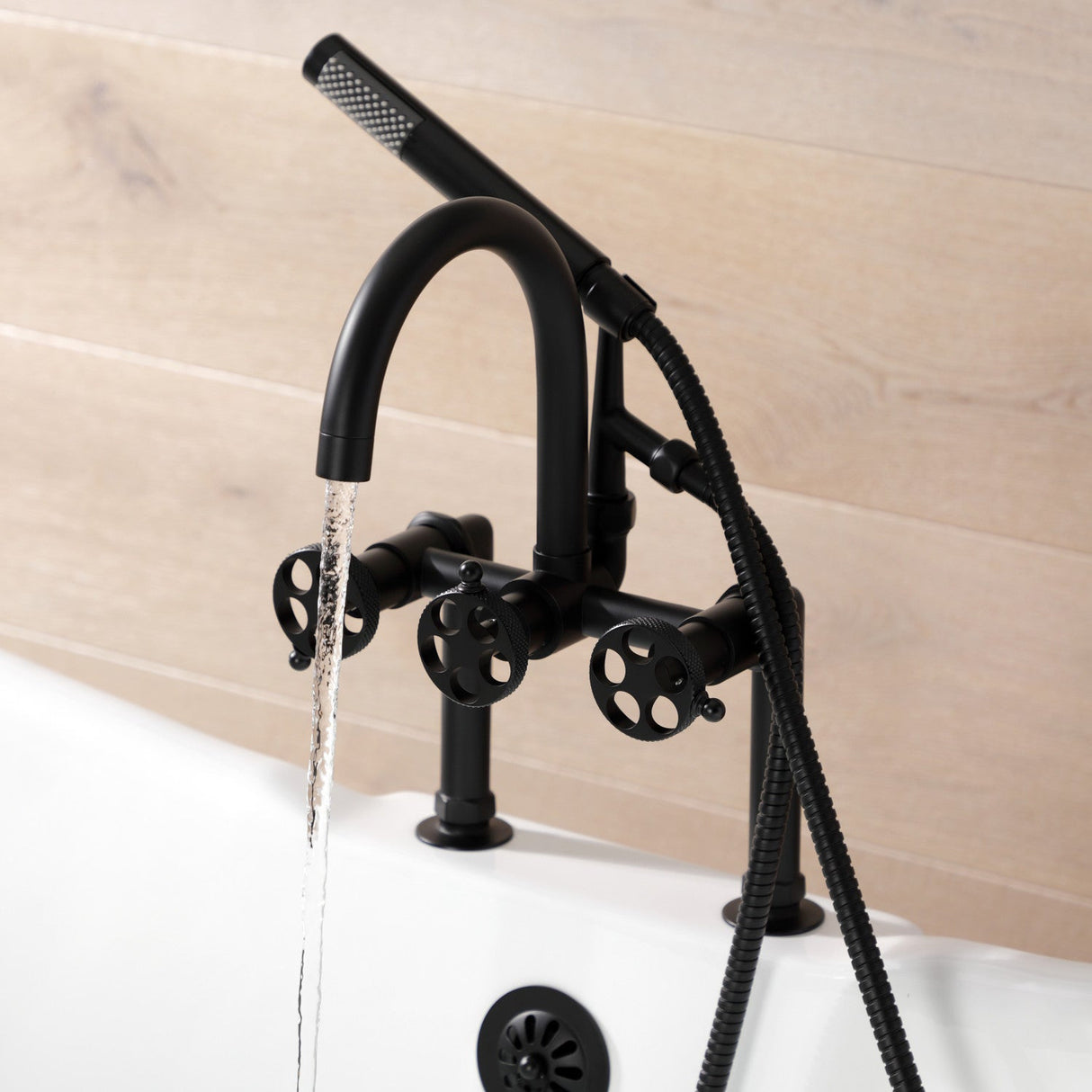 Webb AE8100RKX Three-Handle 2-Hole Deck Mount Clawfoot Tub Faucet with Knurled Handle and Hand Shower, Matte Black