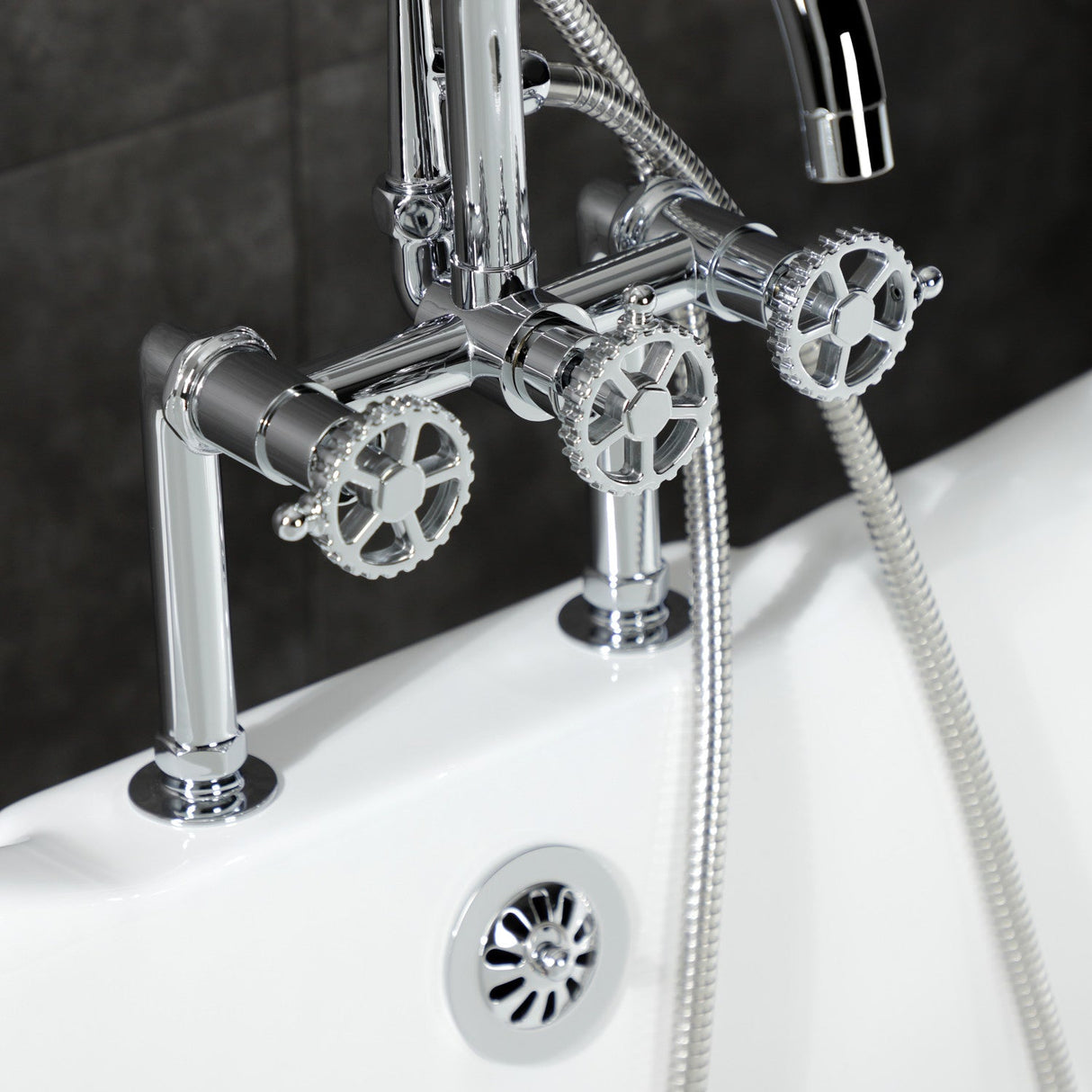 Fuller AE8101CG Three-Handle 2-Hole Deck Mount Clawfoot Tub Faucet with Hand Shower, Polished Chrome