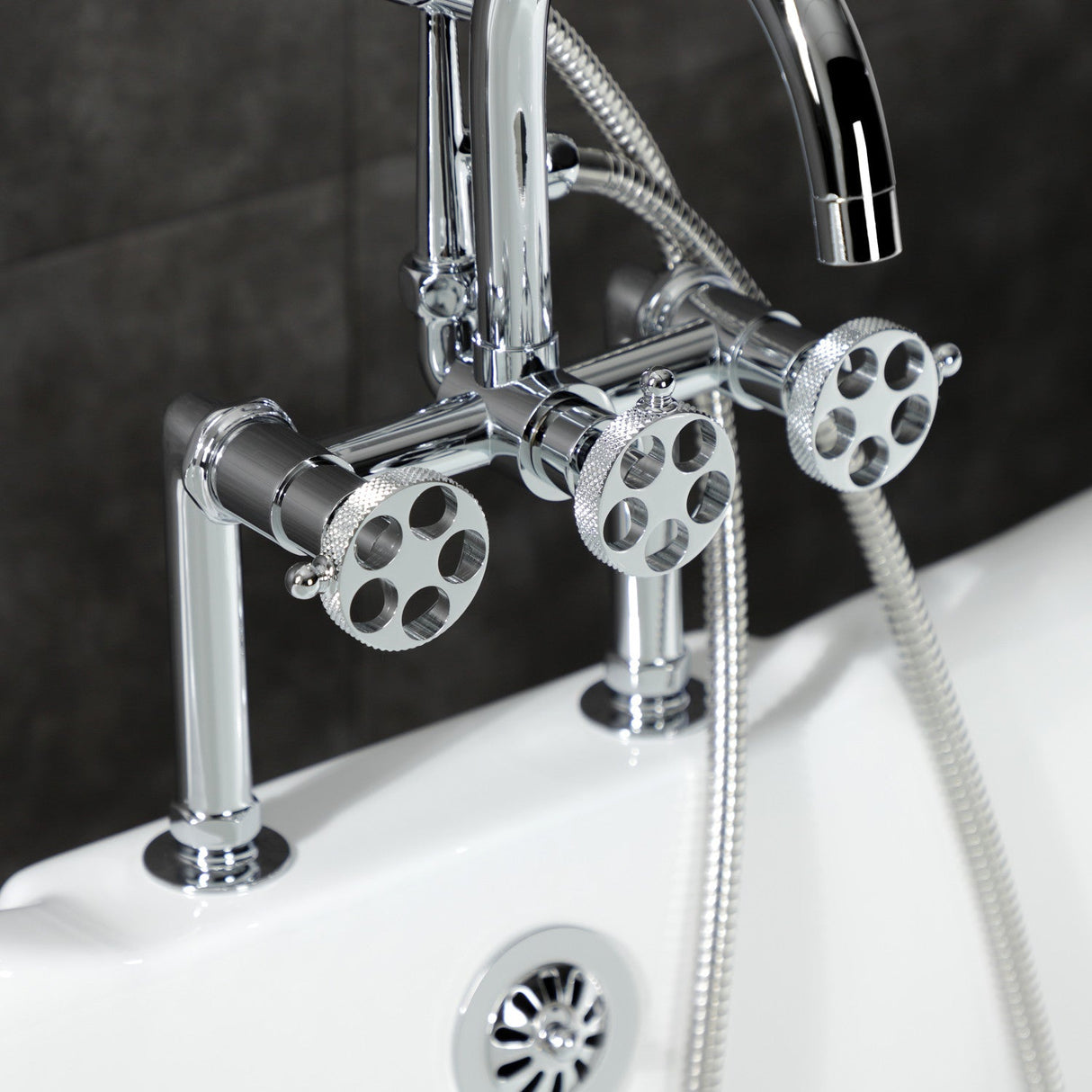 Webb AE8101RKX Three-Handle 2-Hole Deck Mount Clawfoot Tub Faucet with Knurled Handle and Hand Shower, Polished Chrome