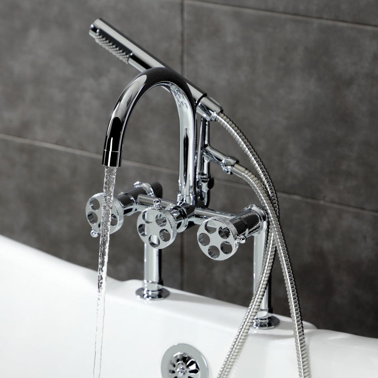 Webb AE8101RKX Three-Handle 2-Hole Deck Mount Clawfoot Tub Faucet with Knurled Handle and Hand Shower, Polished Chrome