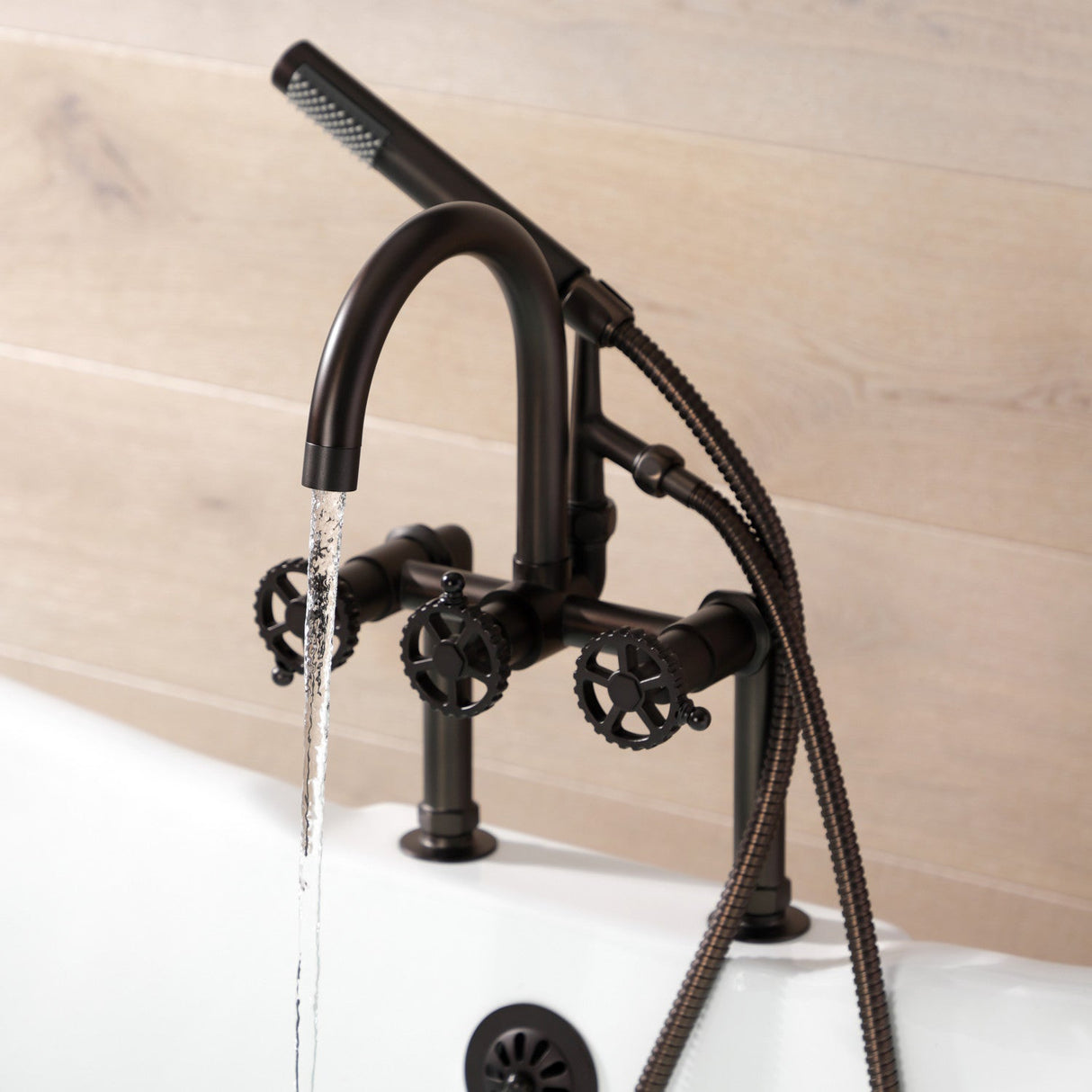 Fuller AE8105CG Three-Handle 2-Hole Deck Mount Clawfoot Tub Faucet with Hand Shower, Oil Rubbed Bronze