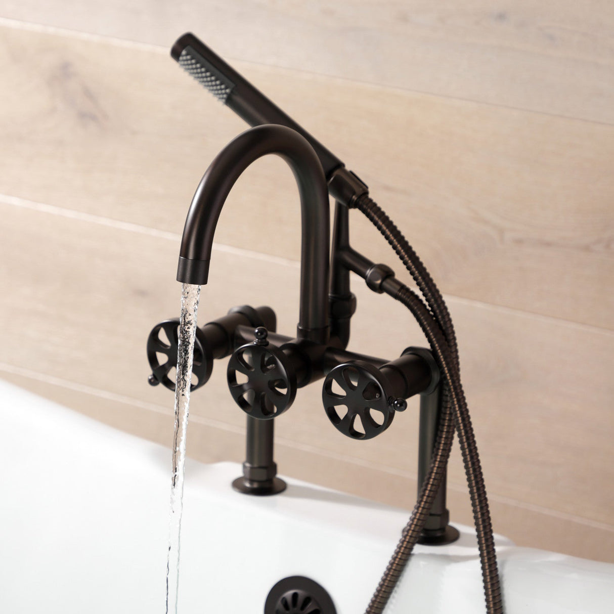 Belknap AE8105RX Three-Handle 2-Hole Deck Mount Clawfoot Tub Faucet with Hand Shower, Oil Rubbed Bronze