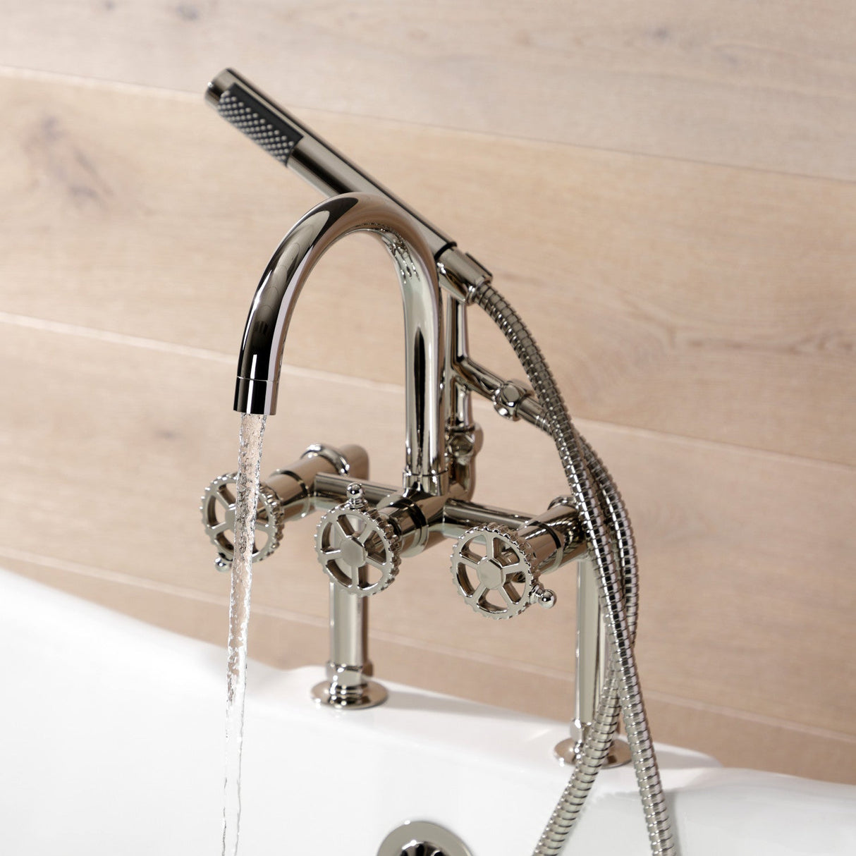 Fuller AE8106CG Three-Handle 2-Hole Deck Mount Clawfoot Tub Faucet with Hand Shower, Polished Nickel