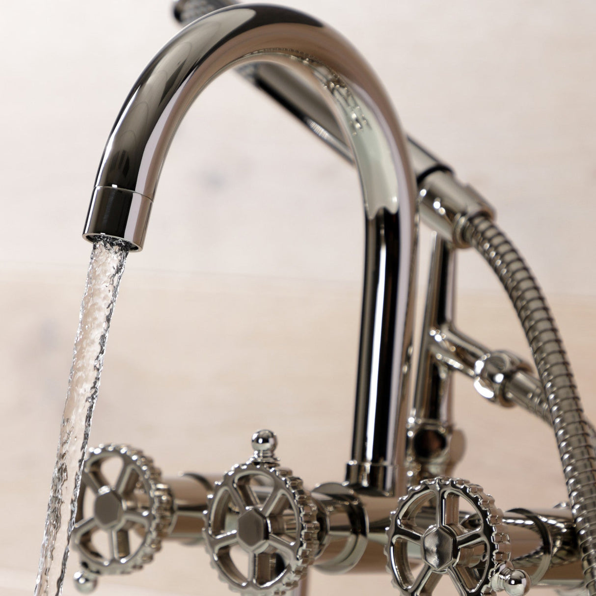 Fuller AE8106CG Three-Handle 2-Hole Deck Mount Clawfoot Tub Faucet with Hand Shower, Polished Nickel