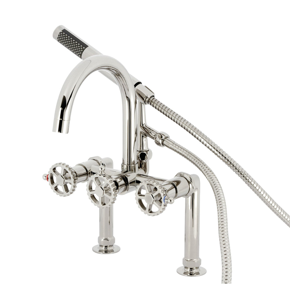 Fuller AE8106CG Three-Handle 2-Hole Deck Mount Clawfoot Tub Faucet with Hand Shower, Polished Nickel